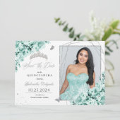 Mintgroene zilveren Quinceañera Save The Date-foto Kaart (Staand voorkant)