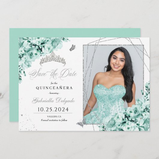 Mintgroene zilveren Quinceañera Save The Date-foto Kaart (Voorkant / Achterkant)
