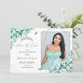 Mintgroene zilveren Quinceañera Save The Date-foto Kaart