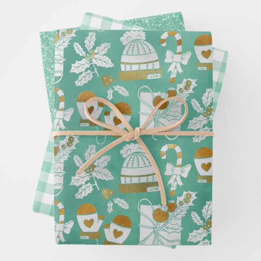 Minty Cozy Holiday Wrapping Paper Sheets (In situ)