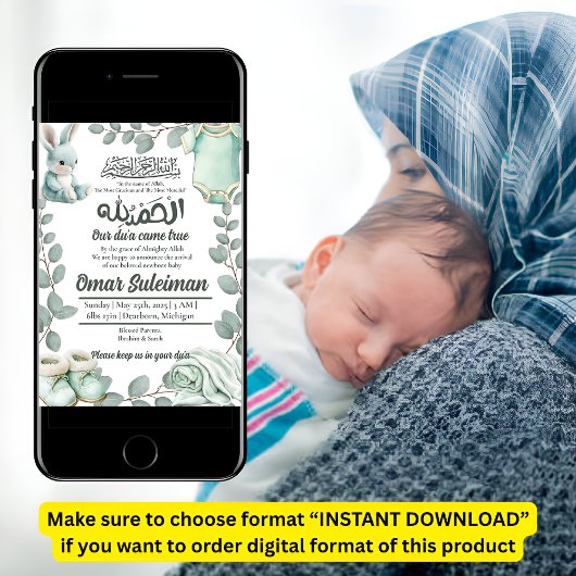 Minty Green Baby Stuff Moslim Geboorteaankondiging Kaart