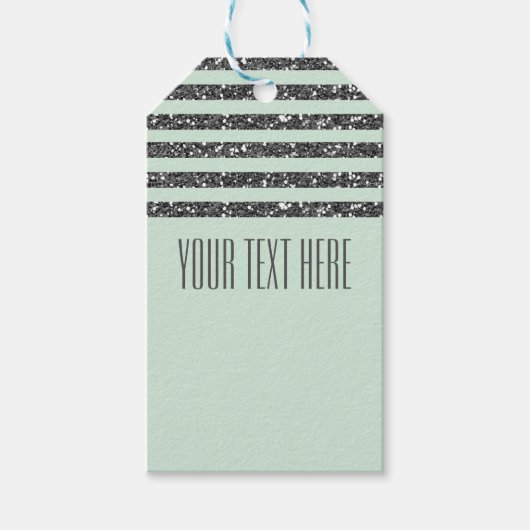 Minty Mint Green & Silver Glitter Stripes Party Cadeaulabel (Voorkant)