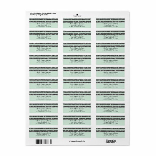 Minty Mint Green & Silver Glitter Stripes Party Etiket (Full Sheet)