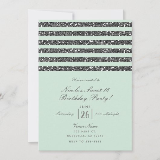 Minty Mint Green & Silver Glitter Stripes Party Kaart (Voorkant)