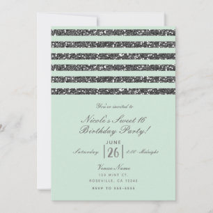 Minty Mint Green & Silver Glitter Stripes Party Kaart