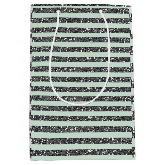 Minty Mint Green & Silver Glitter Stripes Party Medium Cadeauzakje (Voorkant)