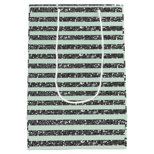 Minty Mint Green & Silver Glitter Stripes Party Medium Cadeauzakje (Achterkant)