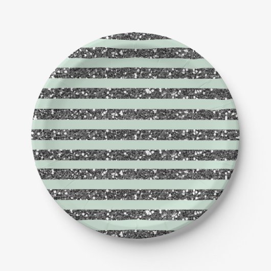 Minty Mint Green & Silver Glitter Stripes Party Papieren Bordje (Voorkant)