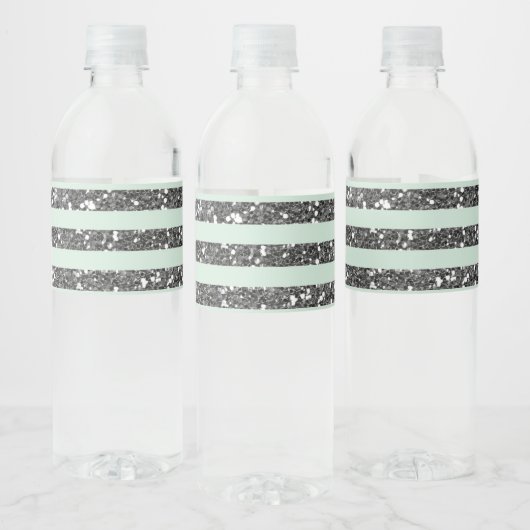 Minty Mint Green & Silver Glitter Stripes Party Waterfles Etiket (Flessen)