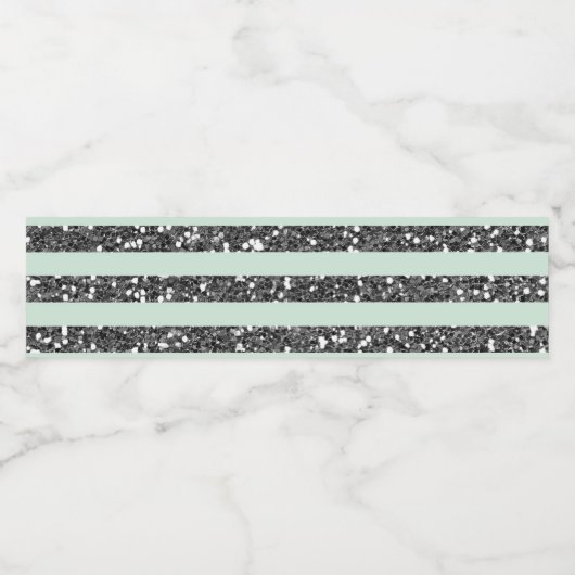 Minty Mint Green & Silver Glitter Stripes Party Waterfles Etiket (Enkel label)