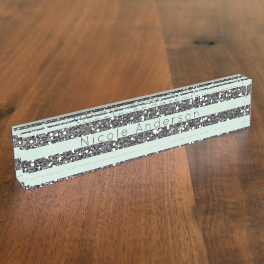 Minty Mint Green & Silver Glitter Stripes Sparkle Naambordje (Zijkant)