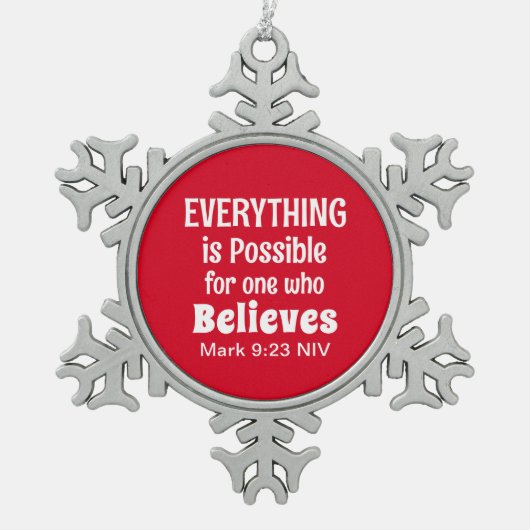 Miracle Bible Verse Christelijk Faith Red Tin Sneeuwvlok Ornament (Voorkant)