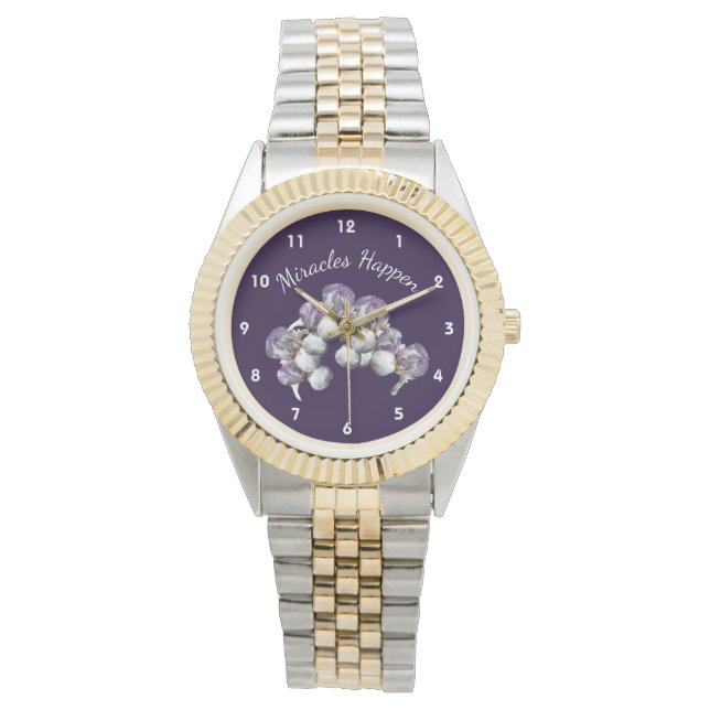 Miracles Happen Iris Flowers Inspirerend Horloge (Voorkant)