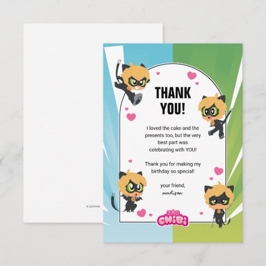 Miraculous Cat Noir Chibi Verjaardag Bedankkaart (Voorkant / Achterkant)
