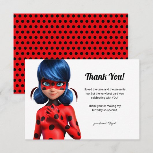 Miraculous Ladybug Meisje Verjaardag Bedankkaart (Voorkant / Achterkant)
