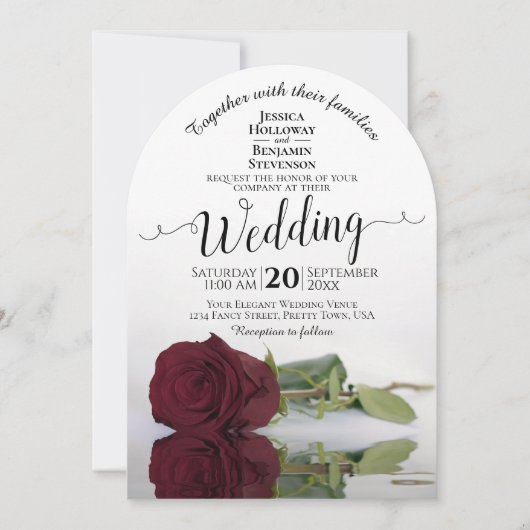 Mirrored Bourgondië Roos Elegant Boog Huwelijk Kaart (Voorkant)