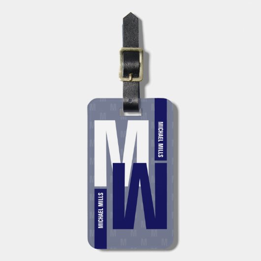 Mirrored Monogram (initiaal & naam) Blauw Bagagelabel (Voorkant verticaal)