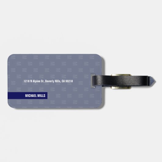 Mirrored Monogram (initiaal & naam) Blauw Bagagelabel (Achterkant horizontaal)