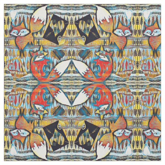 Mirrored Red Foxes en Hearts Pattern Stof (Swatch)