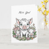 Mis je! Schattige Varken en Biggen Vriendschap Kaart (Gele Bloem)