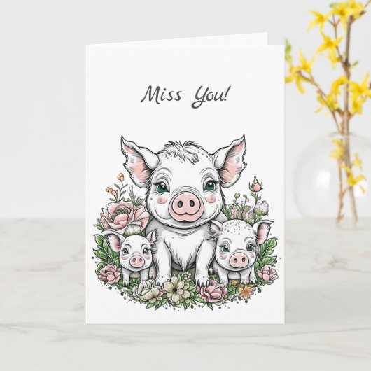 Mis je! Schattige Varken en Biggen Vriendschap Kaart (Gele Bloem)
