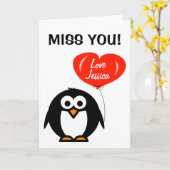 Mis je wenskaart | Pinguïn met rode ballon Kaart (Gele Bloem)