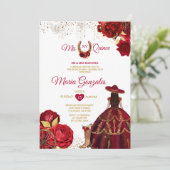 Mis Quince 15 Anos Rode Rozen Gouden Kroon Glitter Kaart (Staand voorkant)