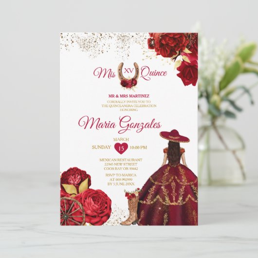 Mis Quince 15 Anos Rode Rozen Gouden Kroon Glitter Kaart (Staand voorkant)