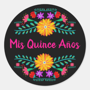 Mis Quince Anos Black Pink Mexican Fiesta Flowers Ronde Sticker