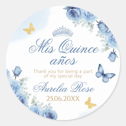 Mis Quince años Blauw Bloemen Gouden Vlinder Ronde Sticker (Voorkant)