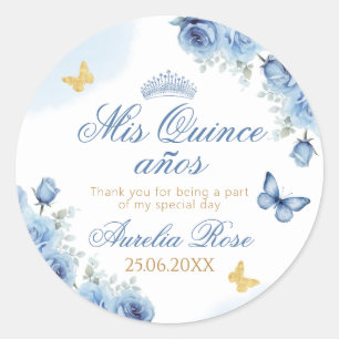 Mis Quince años Blauw Bloemen Gouden Vlinder Ronde Sticker