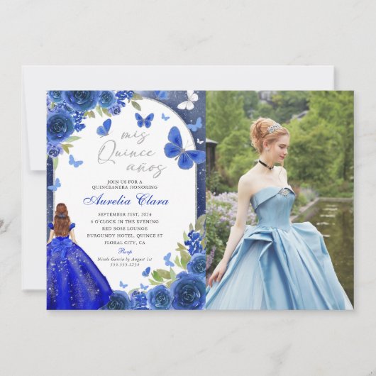 Mis Quince Anos Blauw Zilver Roos Quinceanera Foto Kaart (Voorkant)