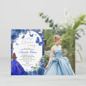 Mis Quince Anos Blauw Zilver Roos Quinceanera Foto Kaart (Staand voorkant)