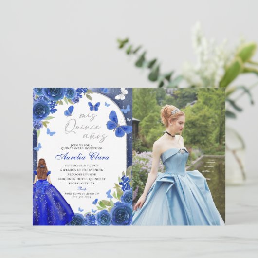 Mis Quince Anos Blauw Zilver Roos Quinceanera Foto Kaart (Staand voorkant)