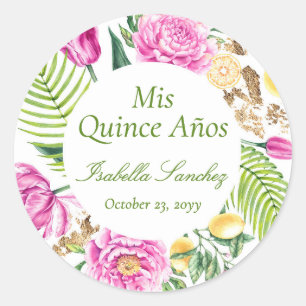 Mis Quince Años Bloemige Pioenrozen Citroenen Quin Ronde Sticker