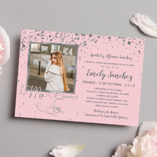 Mis Quince Anos Blush Roze Zilver Confetti Foto Kaart