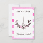 Mis Quince años Diseño Floral París Rayas Rosa Bedankkaart (Voorkant)