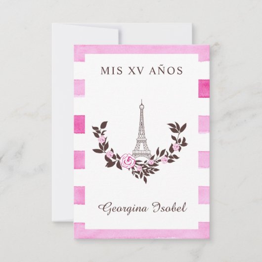 Mis Quince años Diseño Floral París Rayas Rosa Bedankkaart (Voorkant)