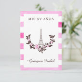 Mis Quince años Diseño Floral París Rayas Rosa Bedankkaart (Staand voorkant)