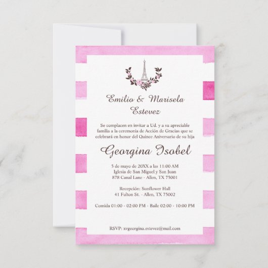 Mis Quince años Diseño Floral París Rayas Rosa Bedankkaart (Achterkant)