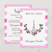 Mis Quince años Diseño Floral París Rayas Rosa Bedankkaart (Voorkant / Achterkant)