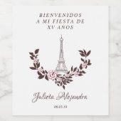 Mis Quince años Diseño Floral Torre Eiffel Wijn Etiket (Enkel label)