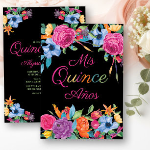 Mis Quince Anos Fiesta Bloemen Zwart Quinceanera Kaart