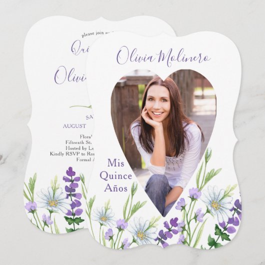 Mis Quince Anos Foto Paars Floral Quinceanera Kaart (Voorkant / Achterkant)