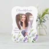 Mis Quince Anos Foto Paars Floral Quinceanera Kaart (Staand voorkant)
