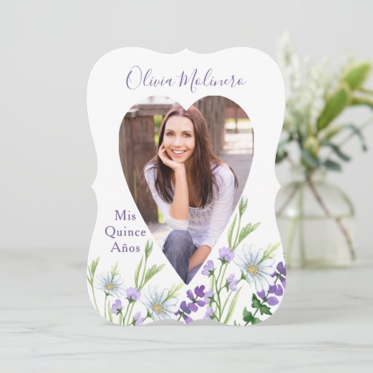 Mis Quince Anos Foto Paars Floral Quinceanera Kaart (Staand voorkant)