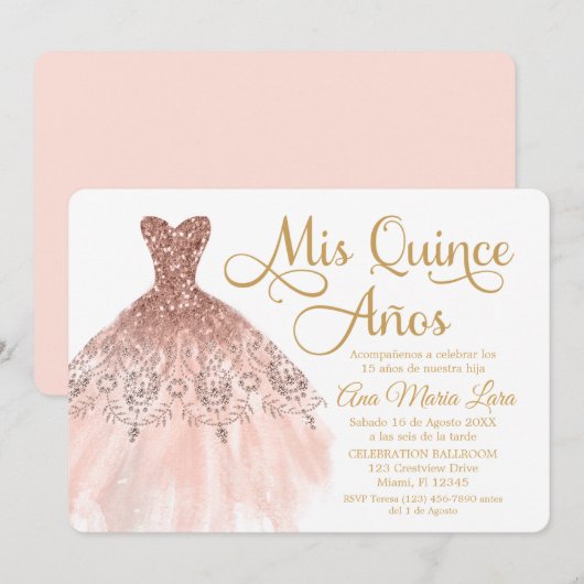 Mis Quince Años Invitación de Quinceañera Rosada Kaart (Voorkant / Achterkant)