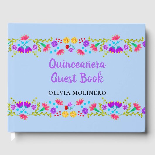 Mis Quince Anos Lichtblauw Bloemen Quinceanera Gastenboek (Voorkant)