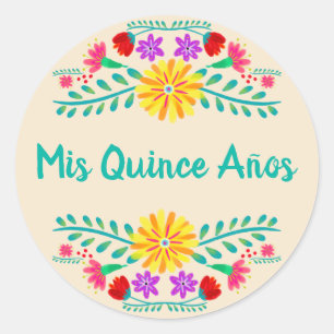 Mis Quince Anos Mexicaanse Bloemen Party Uitnodigi Ronde Sticker