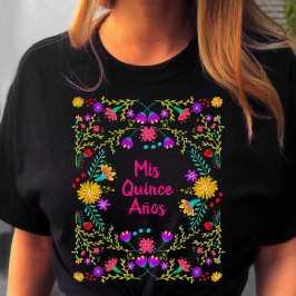 Mis Quince Anos Mexicaanse Fiesta Zwart Roze Verja T-shirt